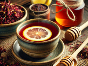 A steaming cup of rooibos red tea in a rustic ceramic mug with a wooden spoon, surrounded by dried rooibos leaves and a small plate with a slice of lemon and honey jar, placed on a wooden table.